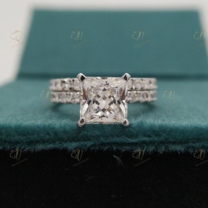 1.90 CT Princess Cut Moissanite Wedding Ring Set, Princess Cut Bridal Ring Set, Round Cut Diamond Matching Eternity Band, Silver Ring Set