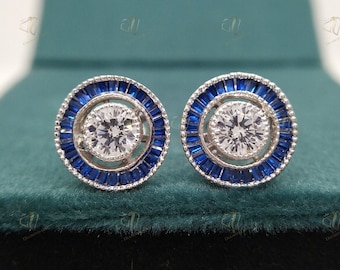 Vintage Art Deco Earrings 3.00 Cts Round Diamond & Sapphire Diamond Stud Earrings Antique Earrings Vintage Stud Earrings Halo Bezel Earrings