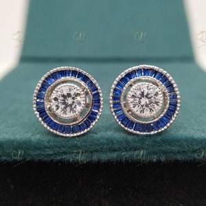 Vintage Art Deco Earrings 3.00 Cts Round Diamond & Sapphire Diamond Stud Earrings Antique Earrings Vintage Stud Earrings Halo Bezel Earrings