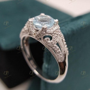 Anillo de aguamarina Art Deco, anillo de compromiso con aguamarina de talla redonda de 1 ct, anillo de aguamarina, anillo eduardiano antiguo, anillo de plata esterlina 925