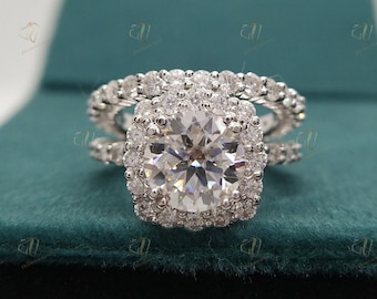 2.50 CT White Round Moissanite Bridal Set ~ Round Cut Diamond Engagement Set ~ Halo Ring With Eternity Band ~ Moissanite Bridal Ring Set