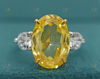 Anillo de compromiso con diamante amarillo canario de talla ovalada de 5 quilates, anillo de tres piedras, anillo de fiesta, anillo de diamante amarillo, regalo de aniversario, anillo de promesa