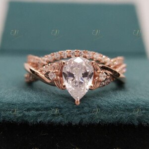 Einzigartiges Birnen Moissanit Ehering Brautring Set ~ Diamant im Birnenschliff Verlobungsring ~ Natürliche Blumen Ring Set ~ Versprechen Ring Sets