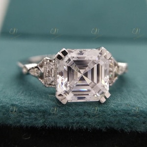 Antique Victorian Asscher Diamond Engagement Ring ~ 3 Ct VVS1 Moissanite Art Deco Engagement Ring ~ Edwardian Ring ~ Vintage Ring For Womens