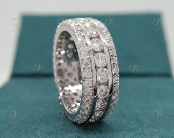 Mens Wedding Band Raised Center Channel Set White Diamonds, Mens Big White Diamond Ring, Mens Eternity Band 925 Silver, Mens Engagement Ring