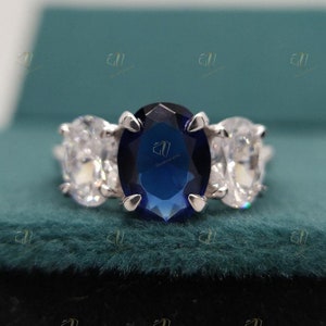 Blue Sapphire Ring, Three Stone Engagement Ring, September Birthstone, Oval Sapphire Ring, Sterling Silver Ring, Anniversary Gifts for Her