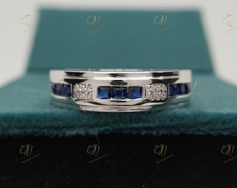 1.30 Cts Princess Blue Sapphire & Diamond Mens Band Rings, Wedding Rings, Moissanite Engagement Ring, Mens Anniversary Ring, Promise Ring