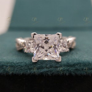 2 Ct Princess Forever Moissanite Ring, Three Stone Engagement Ring, Vintage Ring, Twist Shank Ring, Unique Anniversary Ring, Rings For Women