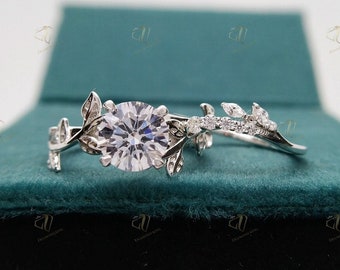 Vintage Diamond Leaf Wedding Band Promise Gift Nature Inspired Moissanite Wedding Ring Women 1.50ct Round Cut Moissanite Engagement Ring Set