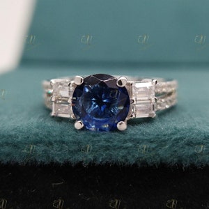 1.30 Ct Round Cut Blue Sapphire Diamond Engagement Ring, Split Shank Ring, Anniversary Ring, Promise Wedding Ring In 925 Sterling Silver