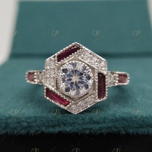 Art Deco Diamant und Rubin Verlobungsring, Vintage Verlobungsring, Vintage Halo Ehering, Antiker Milgrain Ring, Silberringe für Damen