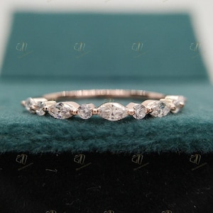 Marquise Half Eternity Ring, Wedding Band, Round & Marquise Vintage Ring, Anniversary Ring, Diamond Ring, Eternity Band, Minimalist Ring