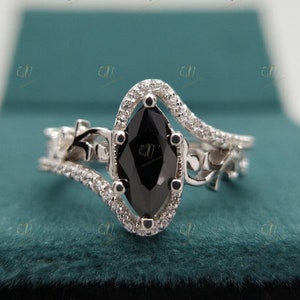 Vintage Black Marquise Engagement Ring, Victorian Marquise Black Diamond Ring, Filigree Marquise Black Onyx Ring, Filigree Ring For Women