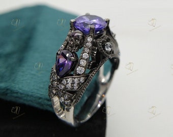 Gothic Skull Ring 2.00 Ct Purple Round Cut Diamond Engagement Ring Black Face Skull Ring Gothic Two Skull Face Ring Two Tone Ring Punk Ring