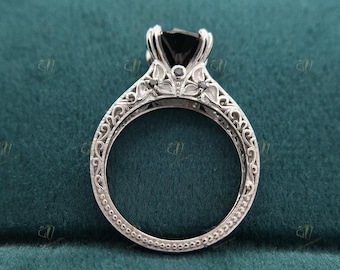 Anillo de compromiso vintage con diseño floral, anillo de diamantes y ónix negro de 2 quilates, anillo solitario redondo negro, anillo antiguo, anillo de filigrana para bodas de mujer.