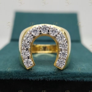 Horse Shoe Ring, Lucky Horseshoe Good Luck Charm Horseshoe Signet Ring, Diamond Horse Shoe Ring, Yellow Gold Plated Ring, Engagement Ring