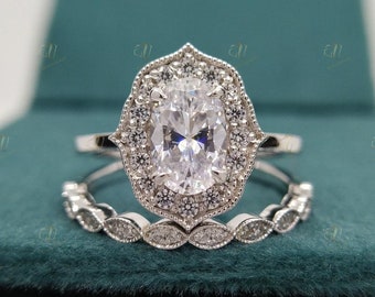 Conjunto de anillos de compromiso Moissanite de corte ovalado Conjunto de anillos nupciales vintage Conjunto de anillos de bodas de diamantes para mujeres Conjunto de anillos art déco Conjuntos de anillos de aniversario