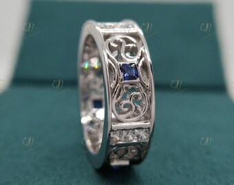 Aliança de casamento antiga ~ Aliança de casamento de diamante e safira ~ Aliança da eternidade ~ Aliança larga de empilhamento ~ Aliança de moissanita feminina ~ Aliança de filigrana Art Déco