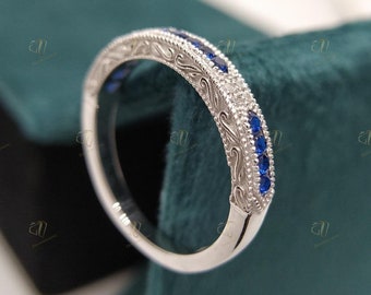 Antique Retro Art Deco Diamond Wedding Band Ring, Sapphire Band, Stackable Band Moissanite Band Anniversary Ring Stackable Band Vintage Band