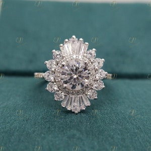 2 Ct Round Moissanite Starburst Engagement Ring Sterling Silver Wedding Ring Anniversary Ring Gift for Her Round Halo Promise Ring for Her