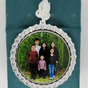 Personalized Diamond Studded Rotate Double Photo Necklace, Custom Photo Necklace, Sterling Silver Pendant, Iced Custom Round Photo Pendant