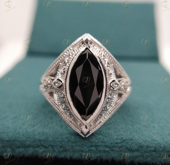 Vintage Black Marquise Engagement Ring, Victorian Marquise