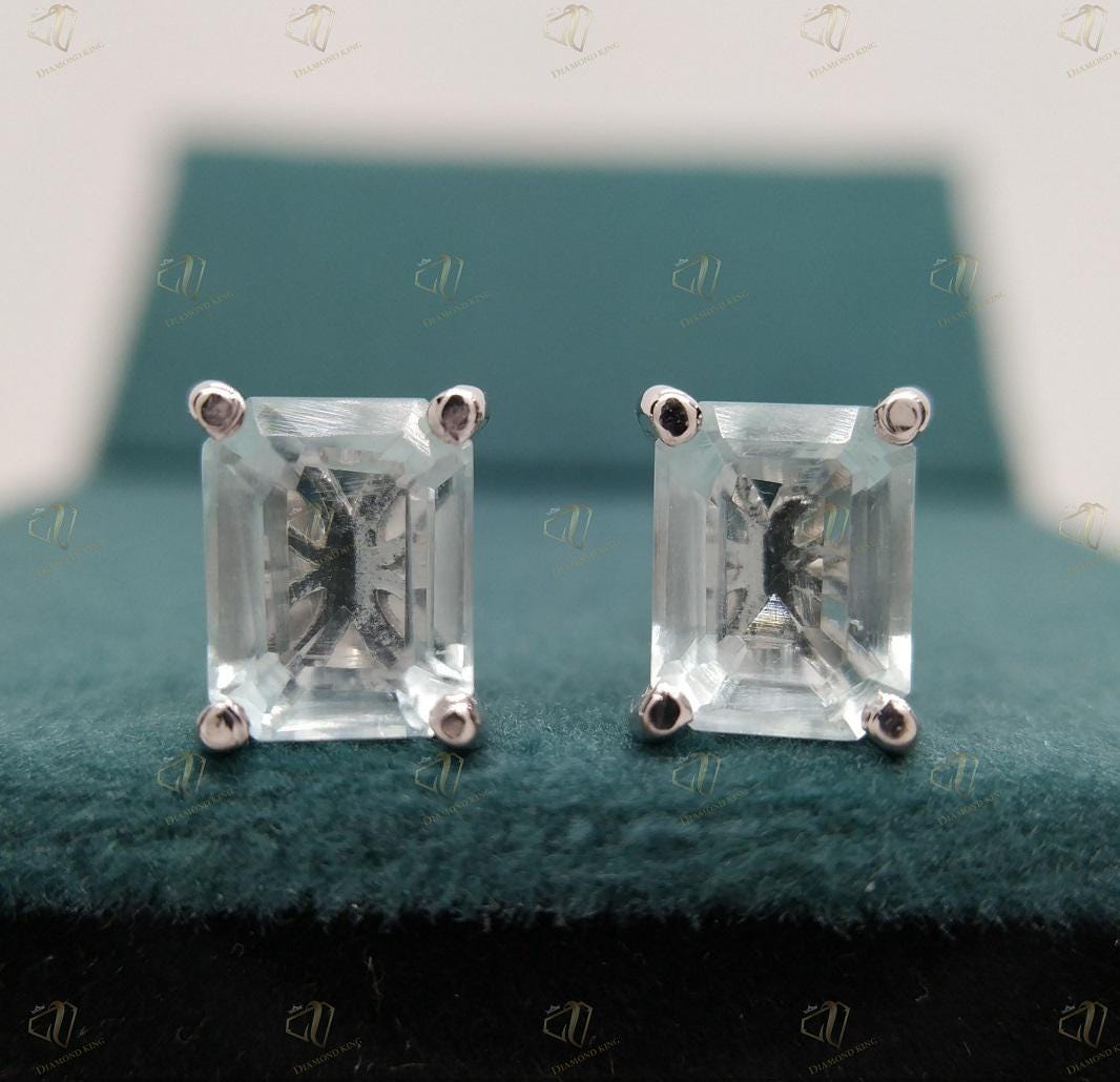 5 Cts Radiant Cut Aquamarine Stud Earring, Aquamarine Earring, 925 Sterling Silver Earring, March Gemstone Studs, Wedding Studs For Womens