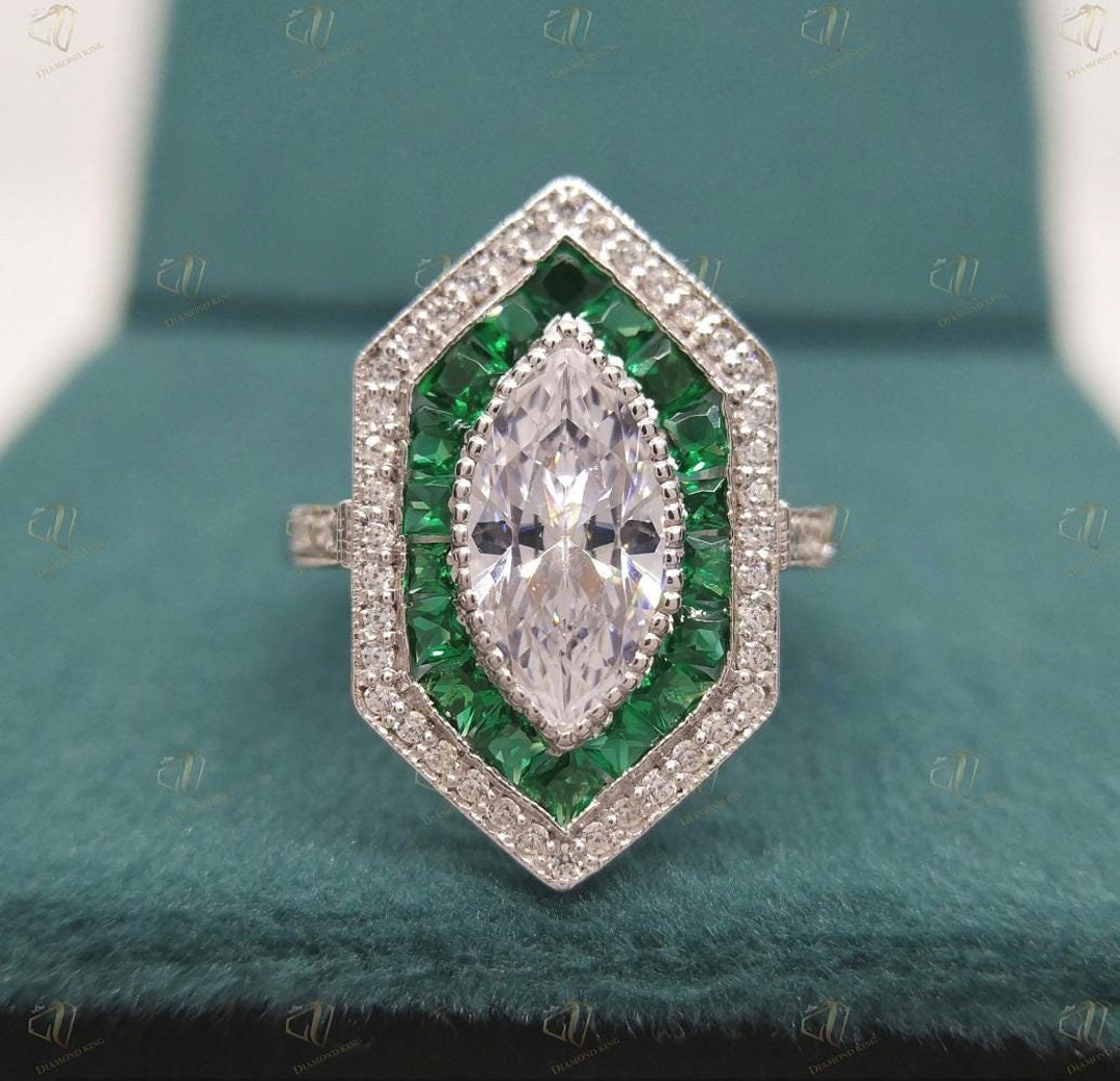 Vintage Art Deco Marquise Diamond With Emerald Halo Engagement