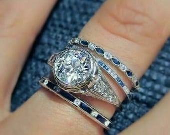 4PCS Bridal Set ~ Vintage Moissanite Ring Set ~ Sapphire Art Deco Ring ~ 2.0Ct Moissanite Ring Set ~ Full Eternity Band ~ Bridesmaid Gift