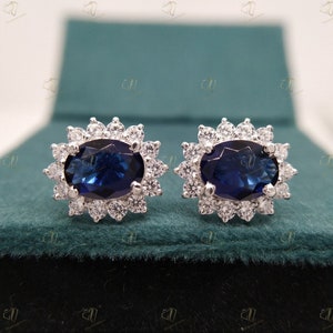 Royal Blue Sapphire Stud Earrings, Halo Sapphire Earrings, Blue Bridal Earrings, Oval Sapphire Earrings Cluster Earrings Bridal Stud Earring
