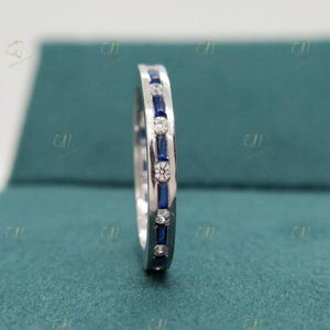 Antique Sapphire & Diamond Eternity Band, Sapphire Band, Stackable Band Moissanite Band Anniversary Ring Stackable Band, Womens Vintage Band