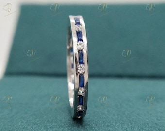 Antik safir- och diamantalliansring, safirring, stapelbar ring, moissanitring, jubileumsring, stapelbar ring, vintagering för kvinnor