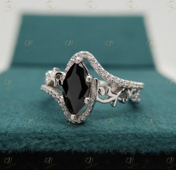 Vintage Black Marquise Engagement Ring, Victorian Marquise Black
