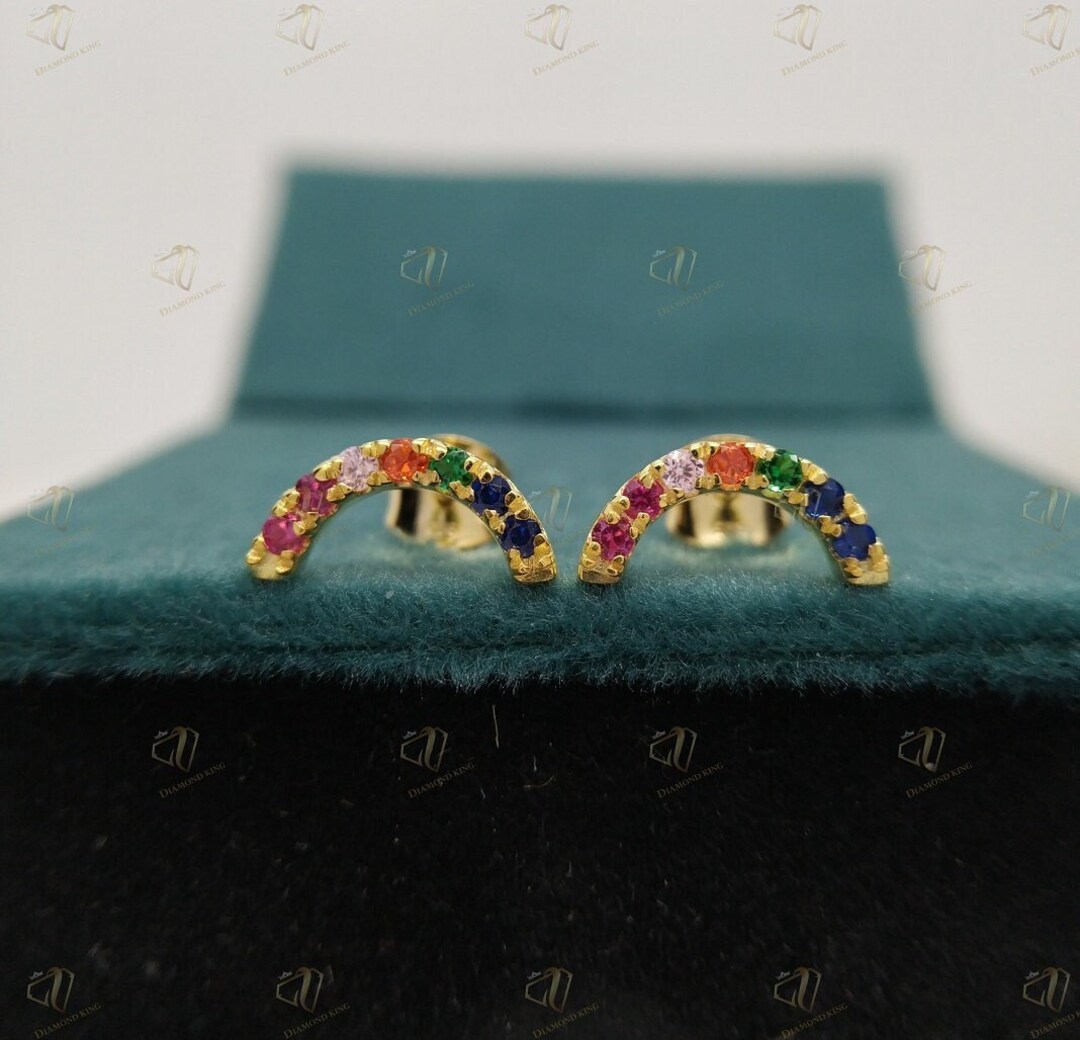 Inverted Color Ruby Rainbow Sapphire Emerald Ruby Gemstone Stud, Pave Rainbow Earring ...