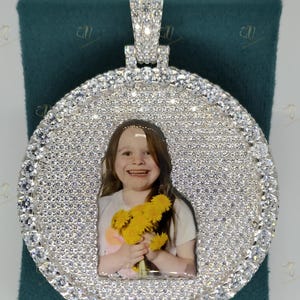 Personalized Diamond Studded Photo Necklace, Custom Photo Necklace, 925 Sterling Silver Pendant, Iced Custom Round Photo Pendant Necklace