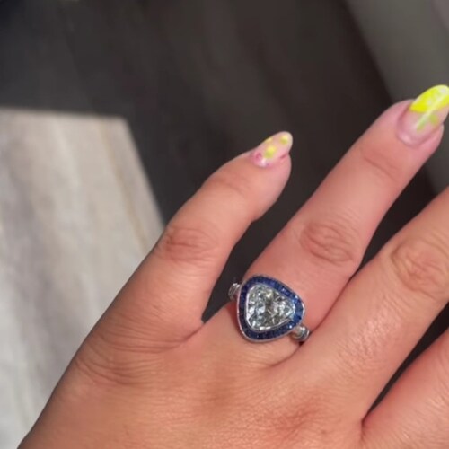 2.71 Carat Rare Old Mine Triangular Cut Diamond & Sapphire Ring~ Engagement Vintage Art Deco Antique Ring~ Trillion shops Wedding Ring For Women's