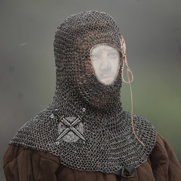 Chainmail Coif Mild Steel lARP, Costume, reenactment 8mm Round Ring All Ring Dome Riveted / Costume Chainmail Coif / Hood