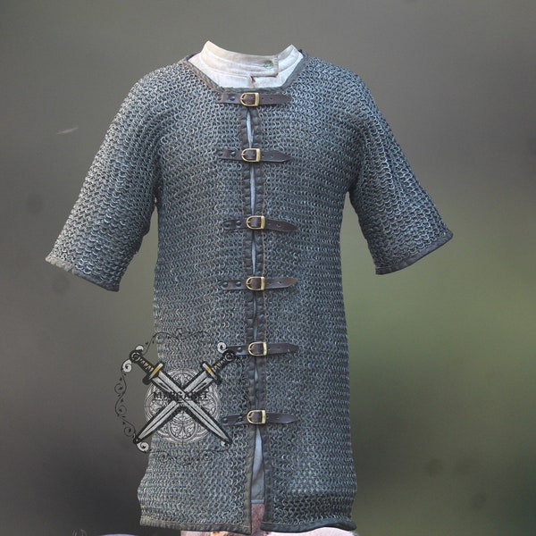 Aluminum Darkened Antique chainmail hauberk chainmail shirt medieval armor with Leather Edges/Opened in the front / Christmas Day's Gift