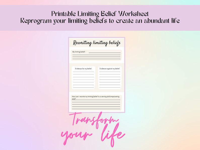 Riscrivere il foglio di lavoro sulle convinzioni limitanti, Foglio di lavoro stampabile, Foglio di lavoro stampabile Salute mentale, Credenze limitanti, Foglio di lavoro sulla mentalità immagine 2