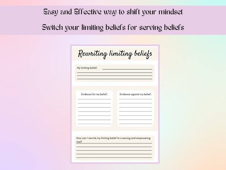 Rewriting Limiting Belief Worksheet, Printable Worksheet, Printable Workbook Mental Health, Limiting Beliefs, Mindset Worksheet image 3