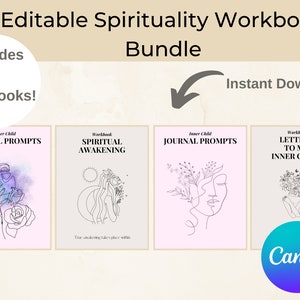 May include: A digital download bundle of four printable workbooks for spiritual growth. The workbooks include journal prompts, spiritual awakening exercises, and letters to your inner child. The covers feature line art illustrations with a pink, gray, and white color scheme.