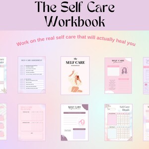 Peut inclure: Un classeur numérique rose et violet avec le titre "The Self Care Workbook" et le texte "Work on the real self care that will actually heal you". Le classeur comprend des pages pour l'évaluation des soins personnels, la planification, la tenue d'un journal et les rituels.