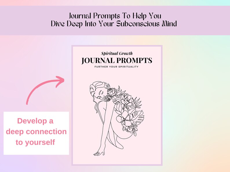 May include: A black and white line drawing of a woman with flowers in her hair. The text "Spiritual Growth JOURNAL PROMPTS FURTHER YOUR SPIRITUALITY" is on a pink background.