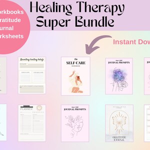 May include: A digital download bundle of printable worksheets, journals, and workbooks for self-care and healing. The bundle includes 6 workbooks, 1 gratitude journal, and 3 worksheets. The image shows the covers of the different printable items, which feature illustrations of women and butterflies.
