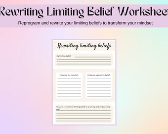 Rewriting Limiting Belief Worksheet, Printable Worksheet, Printable Workbook Mental Health, Limiting Beliefs, Mindset Worksheet