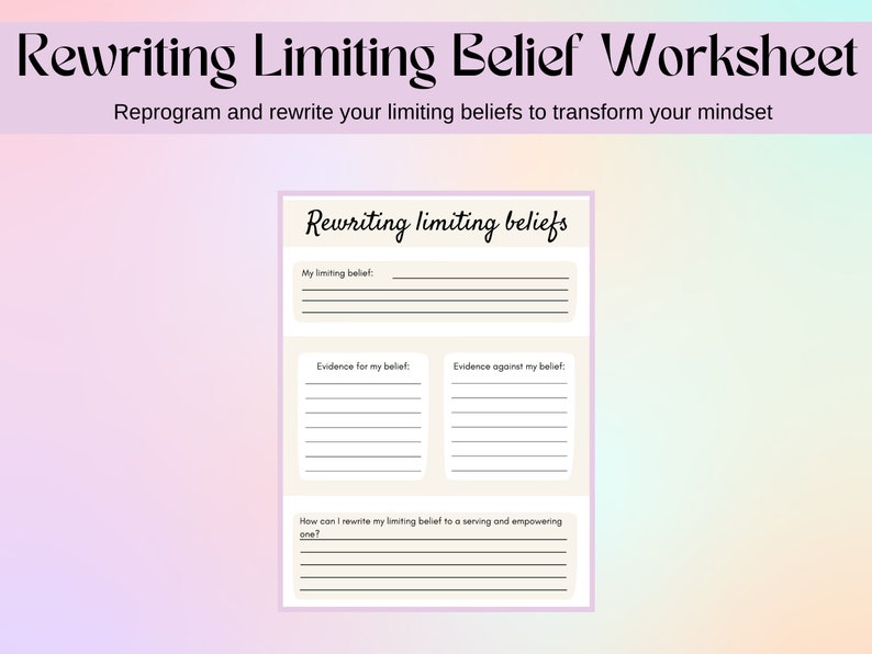 Rewriting Limiting Belief Worksheet, Printable Worksheet, Printable Workbook Mental Health, Limiting Beliefs, Mindset Worksheet image 1