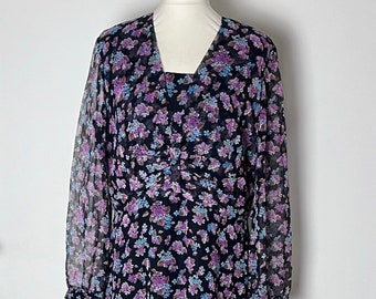 70s Vintage Long Sleeved Black Floral Maxi Dress Hermann Lange 12-14