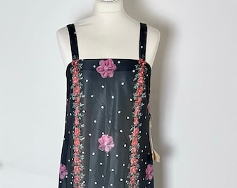 70s Black Floral Summer Maxi Dress UK 10