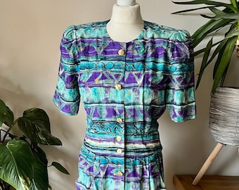 Abstract Vintage 80s Dress Blue & Purple Small-Medium