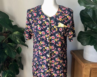 Vintage Black and Yellow Floral Shirtdress Tea Dress